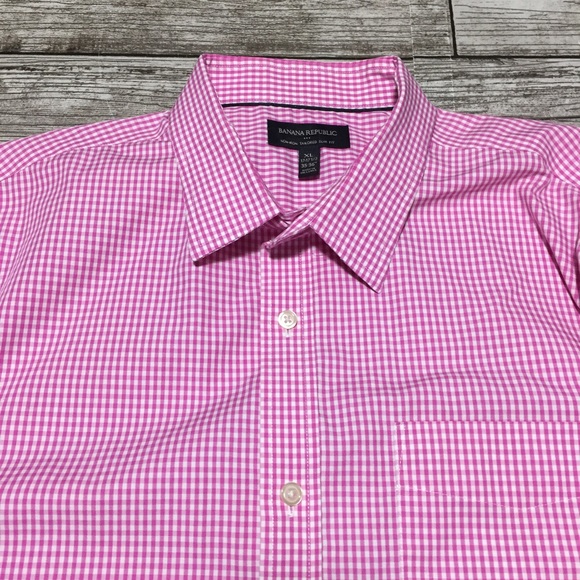Banana Republic Non Iron Tailored Slim Fit Gingham Plaid Men’s XL Pink White - Picture 5 of 8